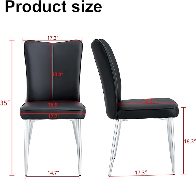 Modern Dining Chairs Set of 4, PU Leather Seat Cushions Black Dining Room Chair, with Silver Metal Legs Kitchen Chair for Home Living Room, Restaurant, Black Chair Silver Legs - LeafyLoom