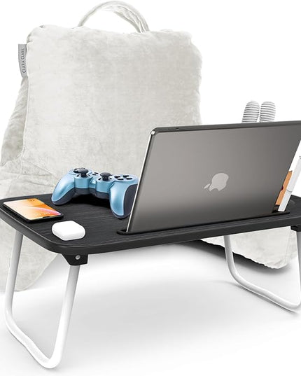 Clara Clark Reading Pillow with Portable Lap Desk Set for Kids, Back Pillow for Sitting Up in Bed, Memory Foam Back Support Pillow, Bed Rest Pillow with Foldable Laptop Desk, Small - White - LeafyLoom