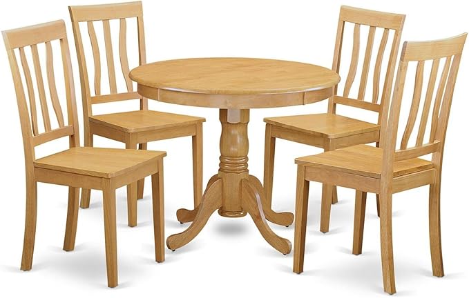 East West Furniture Antique 5 Piece Room Set Includes a Round Wooden Table with Pedestal and 4 Kitchen Dining Chairs, 36x36 Inch, ANTI5-OAK-W - LeafyLoom