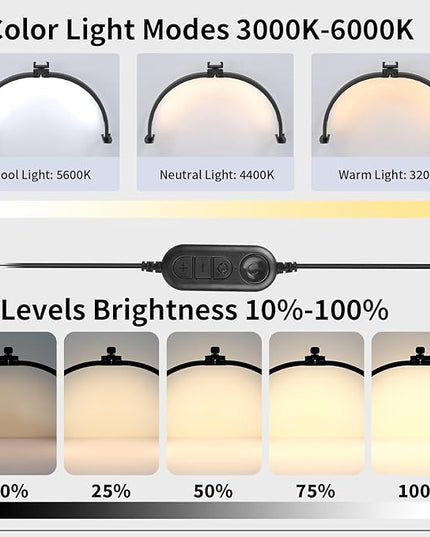 iVict Half Moon Light for Nail Desk, 29In 40W Nails Tech Light with Phone Stand, 10 Adjustable Brightness, 3 Color Temperature Led desk lamp for Nail, Tattoos, Eyebrows, Beauty(Black) - LeafyLoom