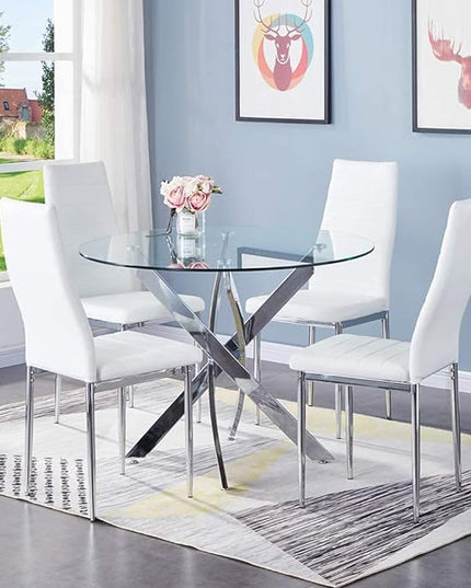 Round Tempered Glass Dining Table for 2-4 with Chromed Legs, 31.5 Inch Modern Small Kitchen Table Dining Room Table for Kitchen Dining Room (White/Silver) - LeafyLoom