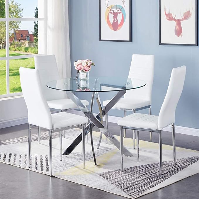 Round Tempered Glass Dining Table for 2-4 with Chromed Legs, 31.5 Inch Modern Small Kitchen Table Dining Room Table for Kitchen Dining Room (White/Silver) - LeafyLoom