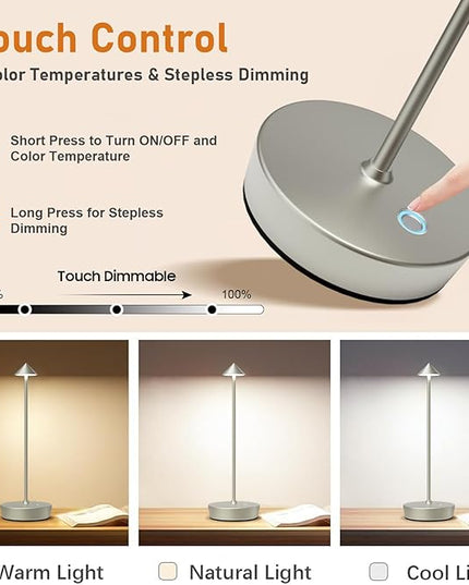 Set of 2 Rechargeable Cordless Table Lamp,6000mAh LED Battery Operated Desk Lamp Touch 3 Color Dimming Portable Outdoor Waterproof Table Light for Patio/Restaurant/Dining/Home (silvery) - LeafyLoom