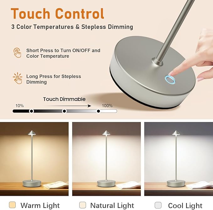 Set of 2 Rechargeable Cordless Table Lamp,6000mAh LED Battery Operated Desk Lamp Touch 3 Color Dimming Portable Outdoor Waterproof Table Light for Patio/Restaurant/Dining/Home (silvery) - LeafyLoom