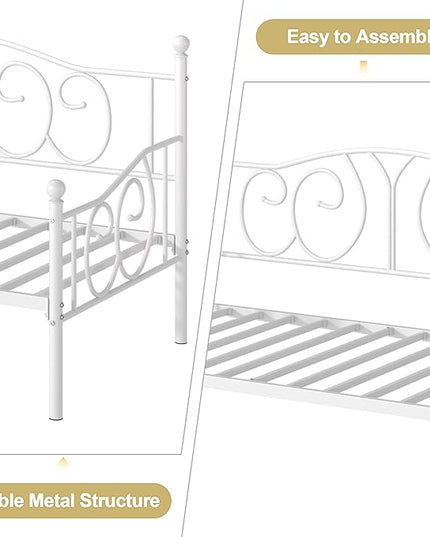 VECELO Twin Daybed Frame, Metal Day Bed with Classic Headboard, Multifunctional Platform Beds for Bedroom, Living Room, Guest Room, No Boxing Spring Needed, White - LeafyLoom