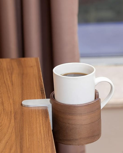 urbanplus Desk Cup Holder, Anti-Spill Walnut Wood Cup Holder for Desk with Aluminium Clamp, Office Desk Accessories, Gaming Desk Accessories, Computer Desk Accessories - LeafyLoom
