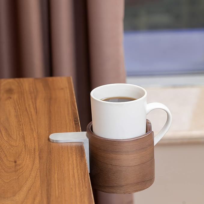 urbanplus Desk Cup Holder, Anti-Spill Walnut Wood Cup Holder for Desk with Aluminium Clamp, Office Desk Accessories, Gaming Desk Accessories, Computer Desk Accessories - LeafyLoom