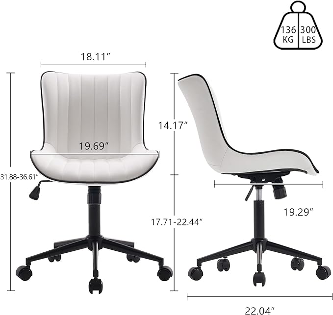 YOUNIKE White Office Chair Swivel Leather Desk Chair, Upholstered Adjustable Computer Task Chair with Wheels, Modern Armless Rolling Gaming Chair Mid Back - LeafyLoom