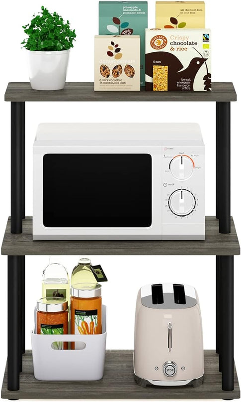 Furinno Turn-N-Tube 3-Tier Toolless Kitchen Storage Shelf, French Oak Grey/Black - LeafyLoom