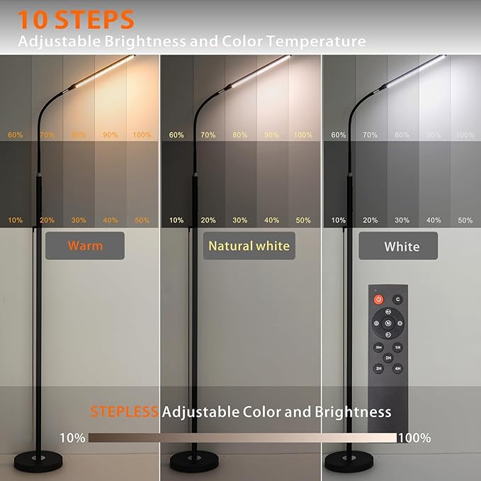 LED Floor Lamp with Remote Touch Control,Dimmable 15W Pole Lamps for Living Room,70'' Adjustable Height Standing Reading Light with 10 Brightness/5 Timer/3 Colors for Lash Tatto Esthetician - LeafyLoom