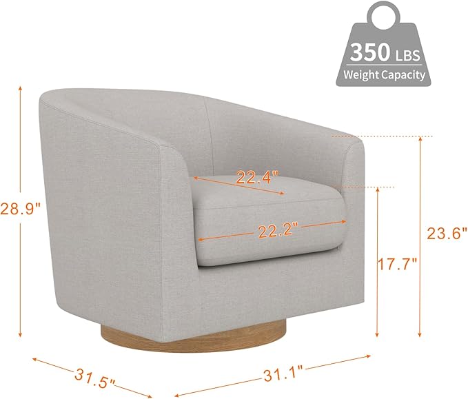 MUUEGM Accent Chair with Arms, 360 Degree Swivel Accent Chair with Wood Base, Modern Barrel Chair for Living Room, Bedroom, Waiting Room, Fully Assembled,Performance Fabric in Light Grey - LeafyLoom