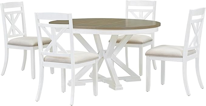Merax 5-Piece Retro Functional Dining Set Extendable Round Table and 4 Upholstered Chairs, White - LeafyLoom