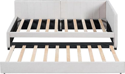Merax Linen Fabric Upholstered Daybed with Trundle Bed, Twin Size Wodden Sofa Bed for Living Room, Guest Room, Children's Room, Beige - LeafyLoom