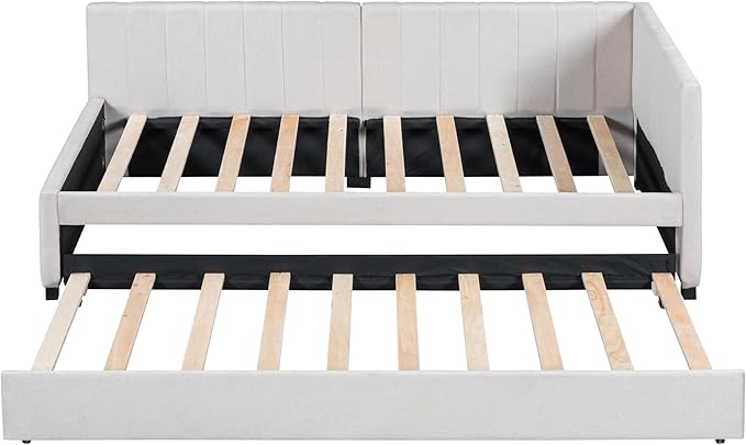 Merax Linen Fabric Upholstered Daybed with Trundle Bed, Twin Size Wodden Sofa Bed for Living Room, Guest Room, Children's Room, Beige - LeafyLoom