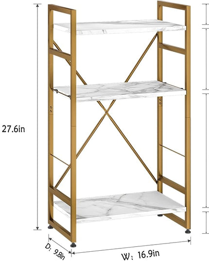 Bookshelf Organizer,3 Tiers Adjustable White Faux Marble Small Bookcase for Small Space,Industrial Wooden Storage Bookcase Display Rack and Storage Organizer for Living Room Home Office(Glod - LeafyLoom
