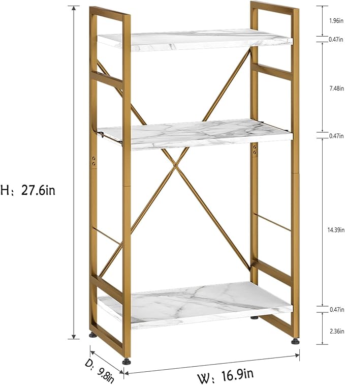 Bookshelf Organizer,3 Tiers Adjustable White Faux Marble Small Bookcase for Small Space,Industrial Wooden Storage Bookcase Display Rack and Storage Organizer for Living Room Home Office(Glod - LeafyLoom