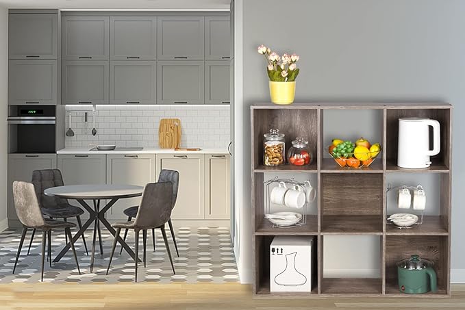 PACHIRA US 9 Cube Storage Organizer, Wood Display Shelf, Free Standing Cubby Bookcase Cabinet Divider Bookshelf for 11 Inch Storage Basket, Rustic Brown Oak - LeafyLoom