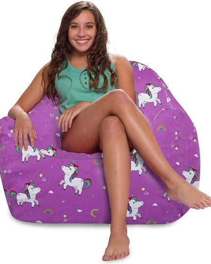 Posh Creations Structured Comfy Bean Bag Chair for Gaming, Reading, and Watching TV, Malibu Lounge, Canvas - Unicorn and Rainbows on Purple - LeafyLoom