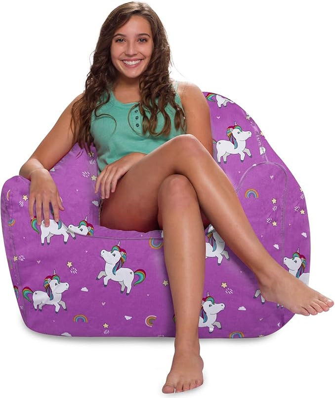 Posh Creations Structured Comfy Bean Bag Chair for Gaming, Reading, and Watching TV, Malibu Lounge, Canvas - Unicorn and Rainbows on Purple - LeafyLoom