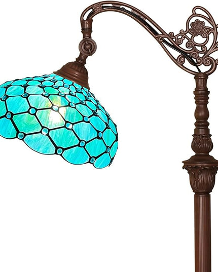 Capulina Tiffany Floor Lamp 62 Inches Tall Seagrass Blue Beads Style Stained Glass Soft Light Arched Gooseneck Adjustable Angle Reading Lamp for Living Room Bedroom Home Office - LeafyLoom
