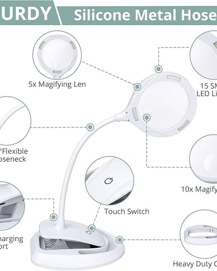 COLFULINE Magnifying Lamp 5X 10X, 2-in-1 Rechargeable Magnifying Glass with Light, LED Magnifying Light with Base & Clamp and Touch Button for Reading, Working, Crafts, 3 Adjustable Brightness - LeafyLoom