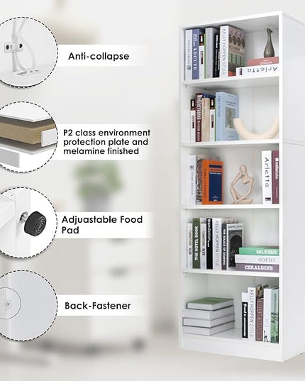 5 Shelf Wood Bookcase Freestanding Display Shelf Adjustable Layers Bookshelf for Home Office Library Small Narrow Space (White, 5-Layers,24.4W x 11.6D x 68.9H inch) - LeafyLoom