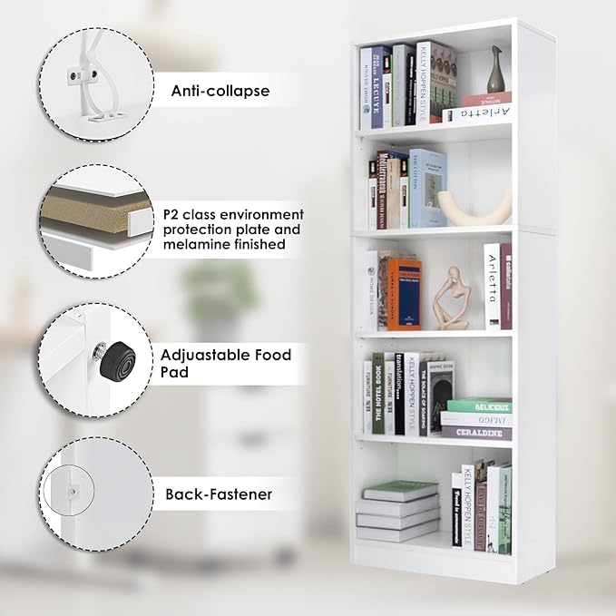 5 Shelf Wood Bookcase Freestanding Display Shelf Adjustable Layers Bookshelf for Home Office Library Small Narrow Space (White, 5-Layers,24.4W x 11.6D x 68.9H inch) - LeafyLoom