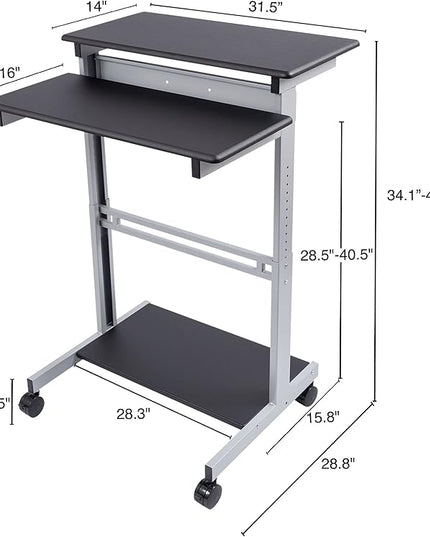 S STAND UP DESK STORE Rolling Adjustable Height Two Tier Standing Desk Computer Workstation (Silver Frame/Black Top, 32 Wide) - LeafyLoom