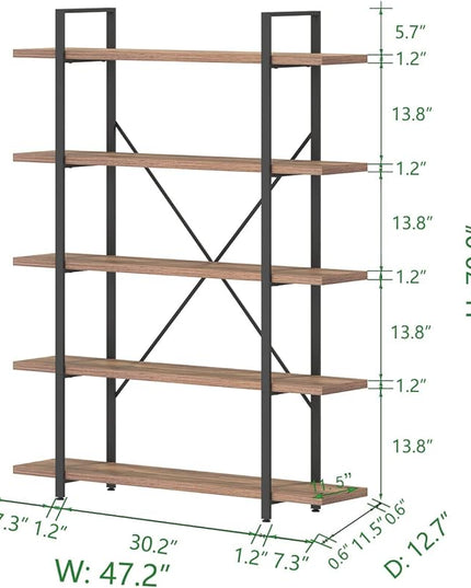 HSH Industrial Wood and Metal 5 Tier Bookshelf, Large Tall Open Rustic Wide Etagere Bookcase, Vintage Farmhouse Modern Wooden Big Book Shelf for Home Living Room Bedroom Office Storage, Rustic Oak - LeafyLoom