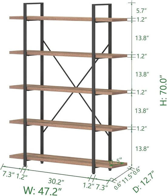HSH Industrial Wood and Metal 5 Tier Bookshelf, Large Tall Open Rustic Wide Etagere Bookcase, Vintage Farmhouse Modern Wooden Big Book Shelf for Home Living Room Bedroom Office Storage, Rustic Oak - LeafyLoom