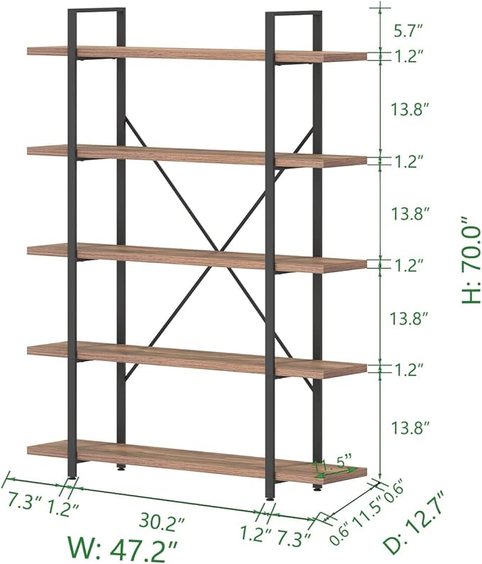 HSH Industrial Wood and Metal 5 Tier Bookshelf, Large Tall Open Rustic Wide Etagere Bookcase, Vintage Farmhouse Modern Wooden Big Book Shelf for Home Living Room Bedroom Office Storage, Rustic Oak - LeafyLoom