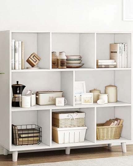 IOTXY Open Cube Low Bookcase - 3-Tier Freestanding Storage Display Cabinet Organizer with Legs for Home Office, 8-Cubes Open Shelf Short Bookshelf, White - LeafyLoom