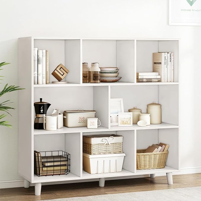 IOTXY Open Cube Low Bookcase - 3-Tier Freestanding Storage Display Cabinet Organizer with Legs for Home Office, 8-Cubes Open Shelf Short Bookshelf, White - LeafyLoom
