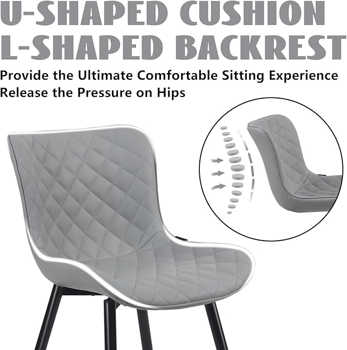 YOUTASTE Grey Dining Chairs Set of 2 Mid Century Modern PU Leather Diamond Upholstered Accent Guest Dinner Chair with Back Metal Legs for Kitchen Living Reception Waiting Room - LeafyLoom