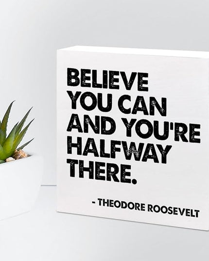 Believe You Can and You're Halfway There Wood Box Signs,Inspirational Wood Plaque Sign Desk Decor,Rustic Positive Wooden Block Sign Decor for Home Office Shelf Table Decoration C1073 - LeafyLoom