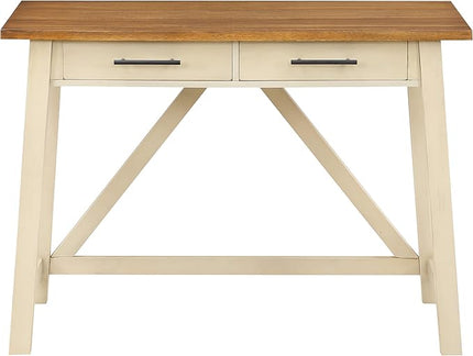OSP Home Furnishings Milford Rustic 42 Inch Writing Desk with 2 Drawers and Burnished Decorative Hardware, Antique White - LeafyLoom