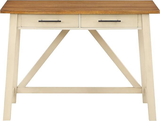 OSP Home Furnishings Milford Rustic 42 Inch Writing Desk with 2 Drawers and Burnished Decorative Hardware, Antique White - LeafyLoom