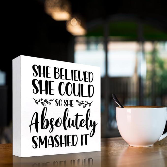 She Believed She Could so She Absolutely Smashed It Wood Block Sign Desk Decor,Inspirational Wooden Box Plaque Sign Desk Decor for Home Office College Dorm Shelf Table Decorations - LeafyLoom