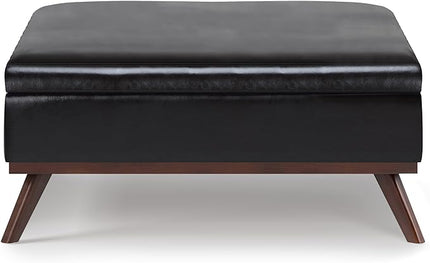 SIMPLIHOME Owen 36 Inch Wide Mid Century Modern Square Coffee Table Lift Top Storage Ottoman in Upholstered Tanners Brown Faux Leather, For the Living Room - LeafyLoom