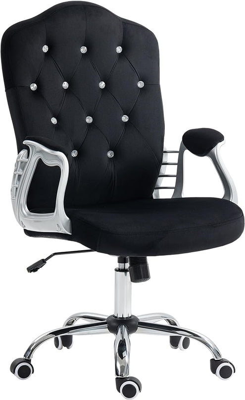 Vinsetto Home Office Chair, Velvet Computer Chair, Button Tufted Desk Chair with Swivel Wheels, Adjustable Height, and Tilt Function, Black - LeafyLoom
