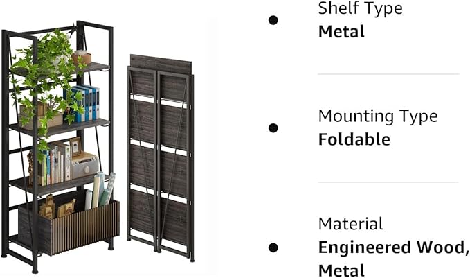 4NM No-Assembly Folding Bookshelf Storage Shelves 4 Tiers Vintage Bookcase Standing Racks Study Organizer Home Office (Gray and Black) - LeafyLoom