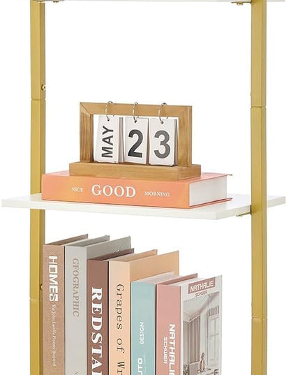 Tajsoon Ladder Shelf, Tall Bookcase with Storage Drawers, 4-Tier Wood Wall Mounted Bookshelf, Open Display Rack, Storage Shelves for Bedroom, Home Office, Collection, Plant Flower, Gold & White - LeafyLoom