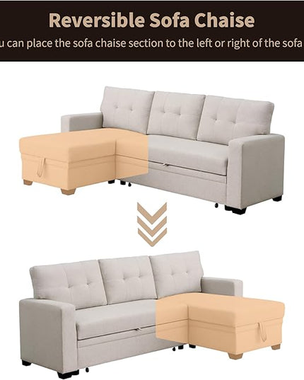 82 Inch Sectional Couch, L Shaped Convertible Sofa Chaise, Linen Reversible Upholstered Pull Out Bed, Storage Space for Living Room, Apartment and Office, Beige, 82inch - LeafyLoom