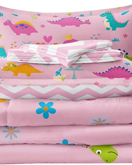 Girls Dinosaur Bedding Twin Green Pink Dinosaur Comforter Set, Cute Cartoon Down Comforter for Little Girls Teens Kids Adults Room Decor, Reversible Bed-in-a-Bag 5-Piece Bed Sets - LeafyLoom