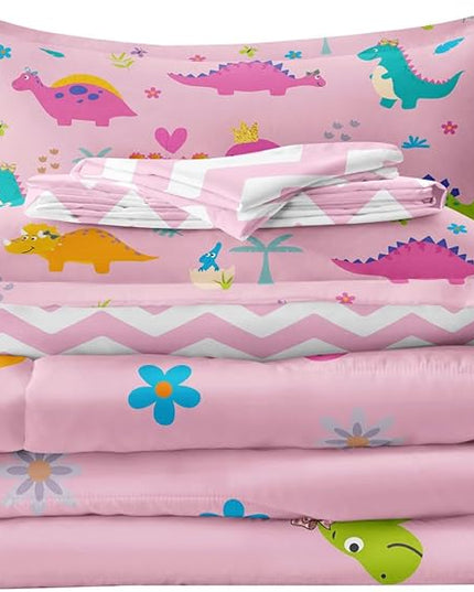 Girls Dinosaur Bedding Full Green Pink Dinosaur Comforter Set, Cute Cartoon Down Comforter for Little Girls Teens Kids Adults Room Decor, Reversible Bed-in-a-Bag 5-Piece Bed Sets - LeafyLoom