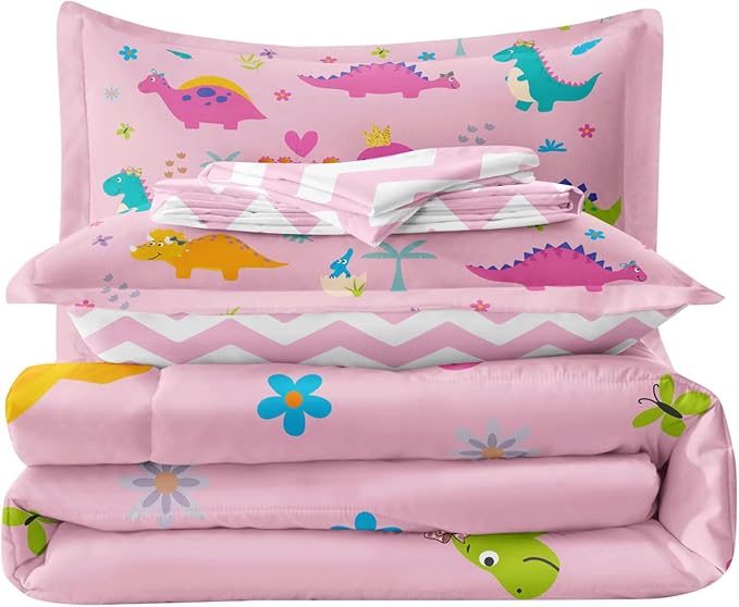 Girls Dinosaur Bedding Full Green Pink Dinosaur Comforter Set, Cute Cartoon Down Comforter for Little Girls Teens Kids Adults Room Decor, Reversible Bed-in-a-Bag 5-Piece Bed Sets - LeafyLoom