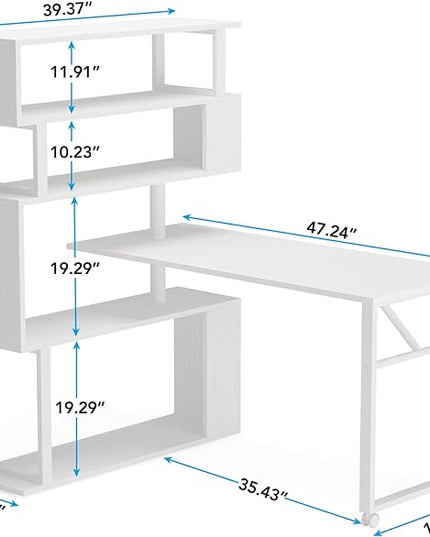 Rotating Computer Desk L-Shaped Office Desk with 5 Shelves Bookcase, Reversible Writing Desk Study Table with Wheels for Home Office, White - LeafyLoom