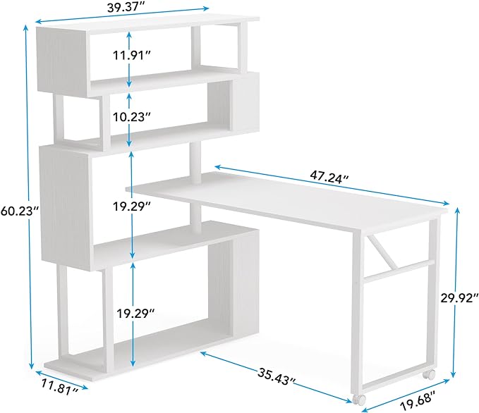 Rotating Computer Desk L-Shaped Office Desk with 5 Shelves Bookcase, Reversible Writing Desk Study Table with Wheels for Home Office, White - LeafyLoom