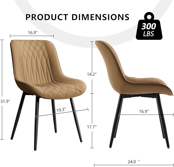 YOUNIKE Tan Dining Chairs set of 2 with High Backs Mid Century Modern Kitchen & Dining Room Chairs PU Faux Leather Upholstered sillas de comedor Comfortable Large Padded Accent Chairs with Metal Legs - LeafyLoom