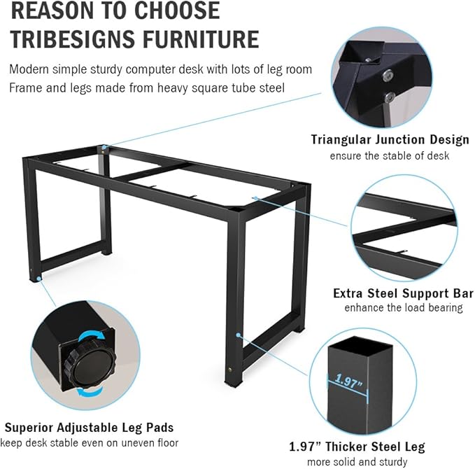 Tribesigns Computer Desk, 55 inch Large Office Desk Computer Table Study Writing Desk for Home Office, Black + Black Leg - LeafyLoom